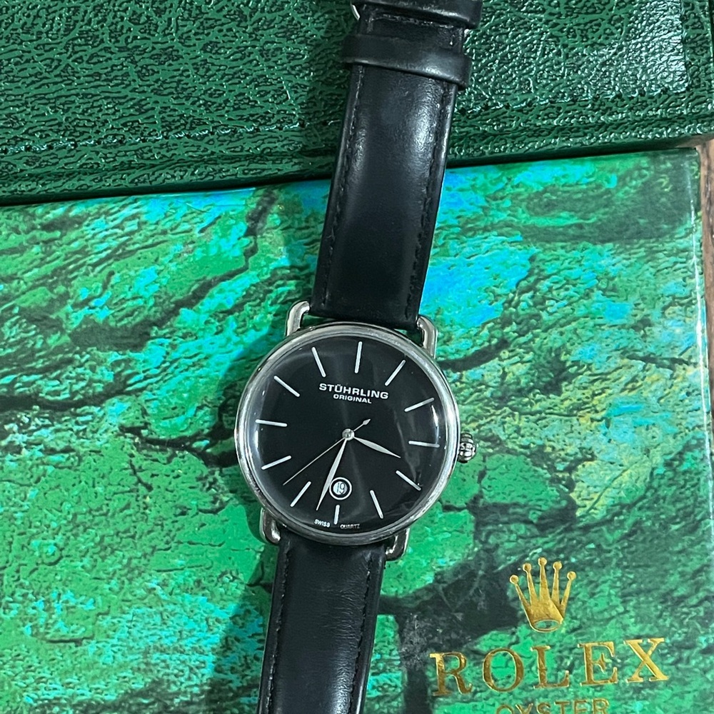 Men’s Stührling Original Black Leather Strap Watch 42mm